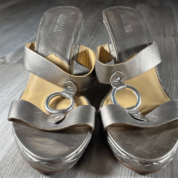Michael Kors Marin Slide MC Gold Bronze 3.5” Wedge Sandal Silver Ring US 9 - Picture 13 of 16